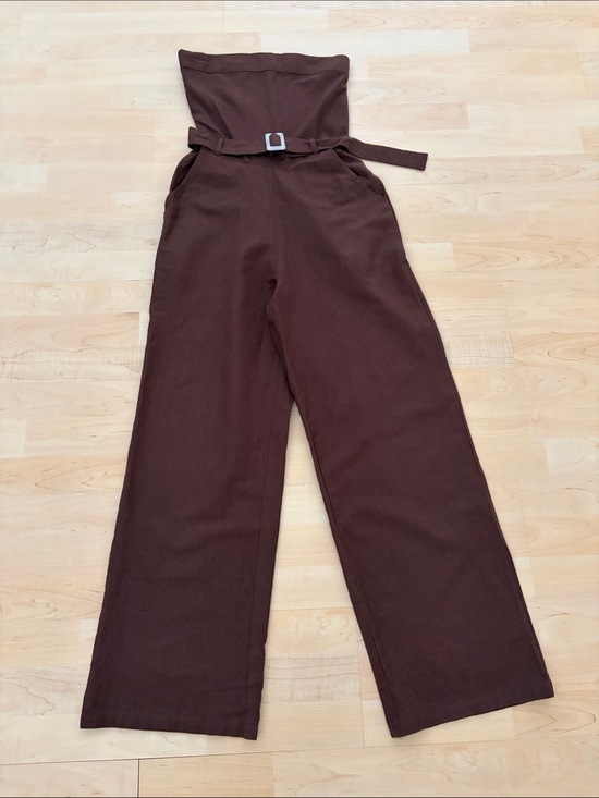 Sim & Sam Pants - Sim & Sam Boho Brown Linen Blend Strapless Belted Wide Leg Jumpsuit Small